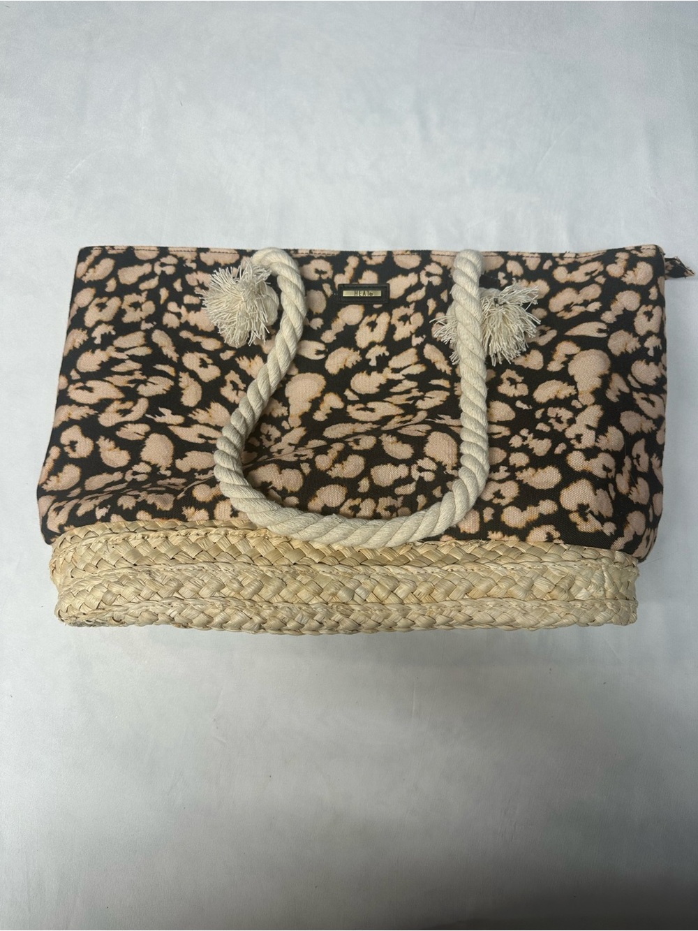 Leopard-Print Straw Tote with Rope Handles - Pink and Black